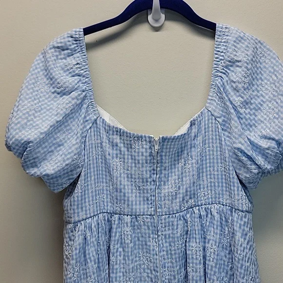 ORIGINALITY BLUE WHITE GINGHAM TIE-FRONT PUFF SLEEVE MINI DRESS SZ MEDIUM - Picture 8 of 14
